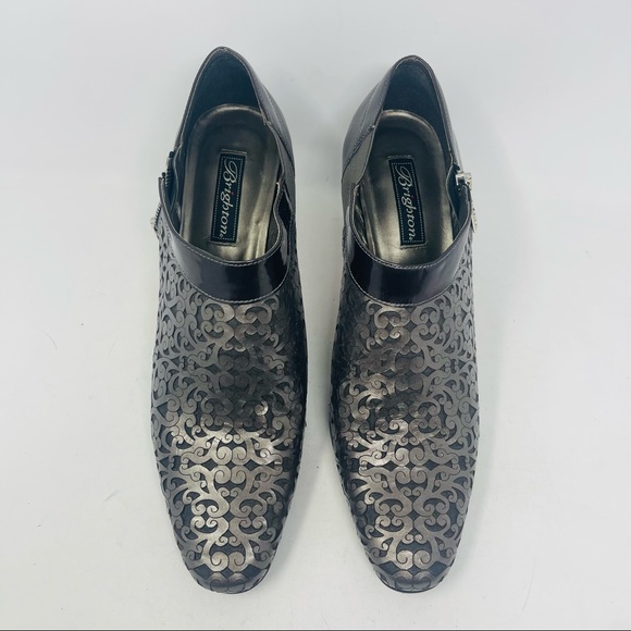 Brighton Rhythm Metallic Pewter Laser Cut Leather Heeled Shoe 11M NEW - Picture 2 of 10